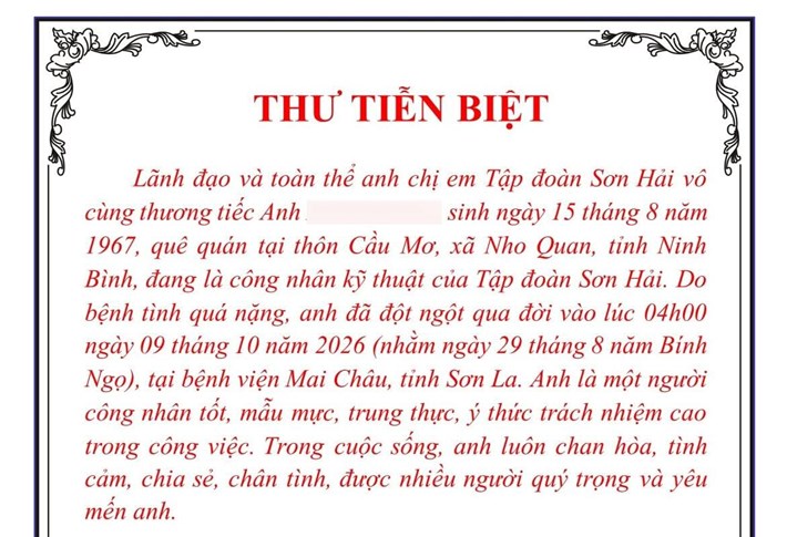 Thư tiễn biệt công nhân qua đời của Tập đoàn Sơn Hải. Ảnh: Tập đoàn Sơn Hải