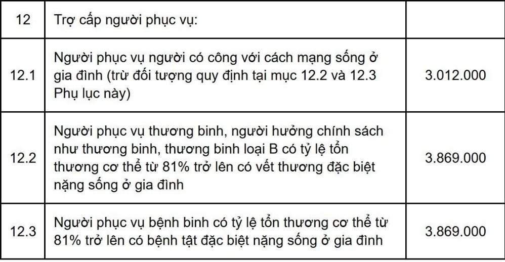 Mức trợ cấp hằng tháng với người phục vụ người có công với cách mạng từ tháng 10.2026, đơn vị tính là đồng. Ảnh: Hà Nam chụp màn hình Nghị định 321.