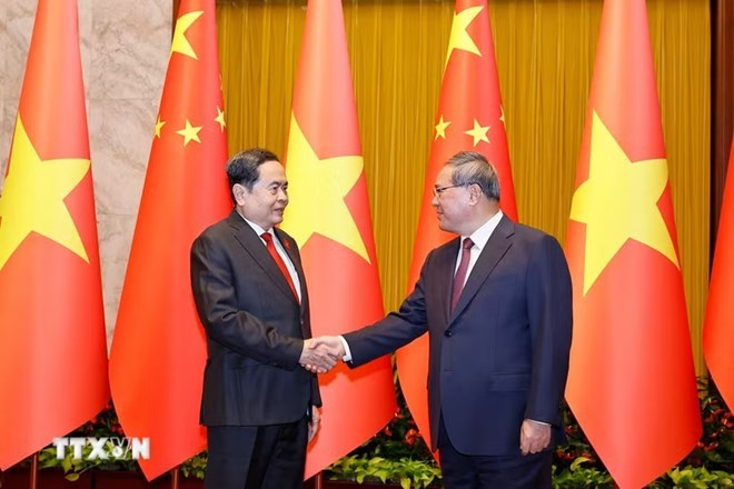 Ủy viên Bộ Chính trị, Chủ tịch Quốc hội Trần Thanh Mẫn hội kiến Ủy viên Thường vụ Bộ Chính trị, Thủ tướng Trung Quốc Lý Cường. Ảnh: Doãn Tấn/TTXVN