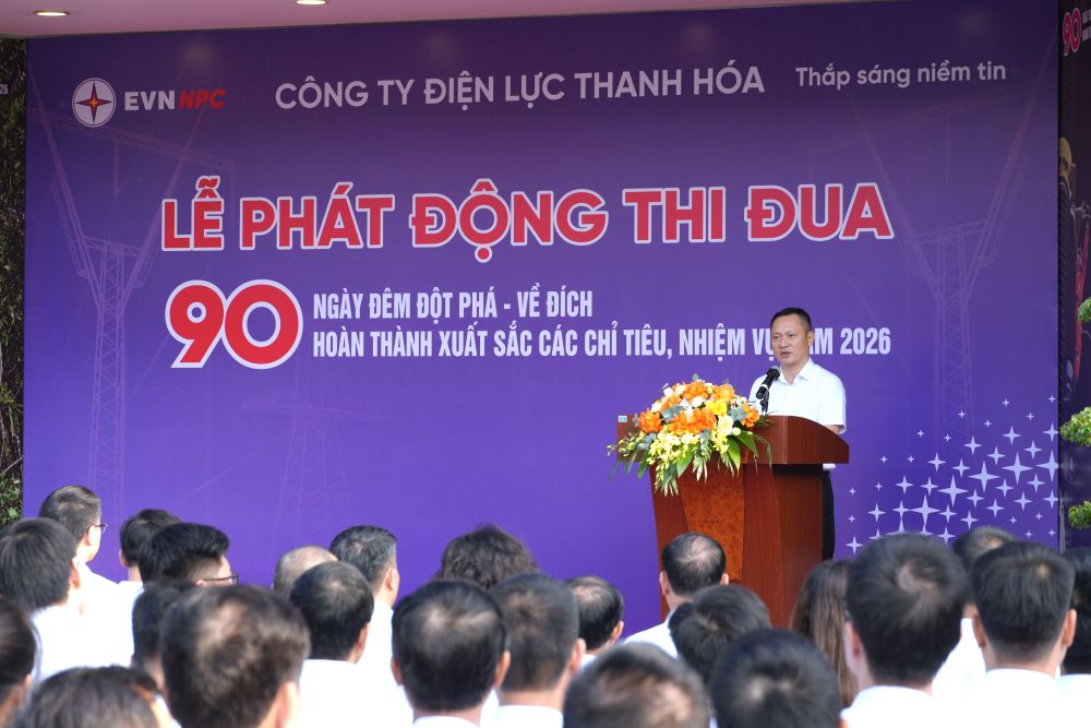 Công ty Điện lực Thanh Hóa phát động phong trào thi đua “90 ngày đêm Đột phá - Về đích”, quyết tâm hoàn thành các chỉ tiêu, nhiệm vụ năm 2026. Ảnh: Công ty Điện lực Thanh Hóa cung cấp