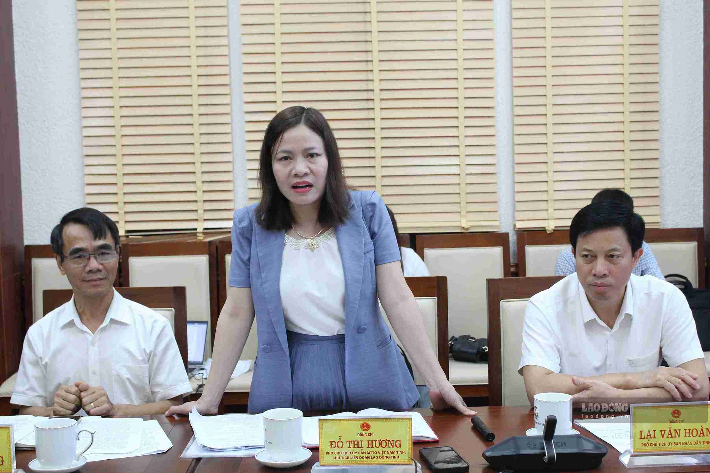 Bà Đỗ Thị Hương - Chủ tịch LĐLĐ tỉnh Hưng Yên phát biểu tại buổi làm việc. Ảnh: Mai Hương