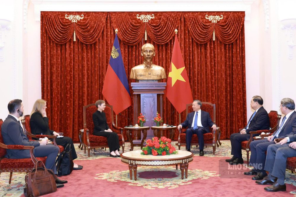 Tổng Bí thư, Chủ tịch nước Tô Lâm tiếp Thủ tướng Công quốc Liechtenstein Brigitte Haas. Ảnh: Hải Nguyễn