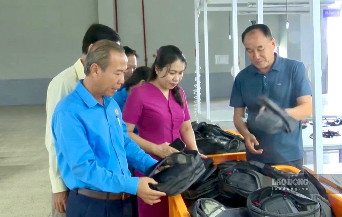 Chủ tịch LĐLĐ tỉnh cùng lãnh đạo xã Hàm Tân khảo sát tình hình hoạt động của doanh nghiệp. Ảnh: Ngọc Phong (chụp tháng 10.2026).
