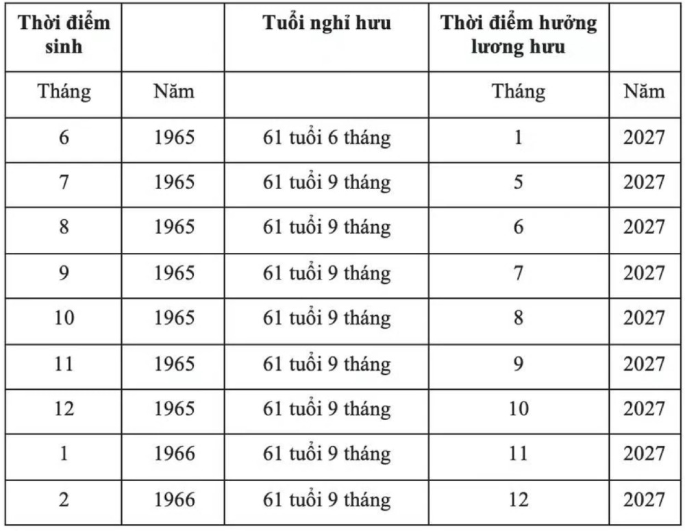 Bảng tra cứu thời điểm nghỉ hưu năm 2027 đối với lao động nam. Ảnh: BHXH VN
