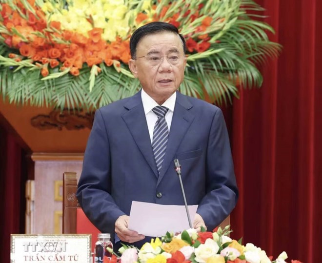 Politburo Member, Standing Secretary of the Secretariat Tran Cam Tu speaks at the reception of the delegation of young leaders of the Cambodian People's Party. Photo: VNA