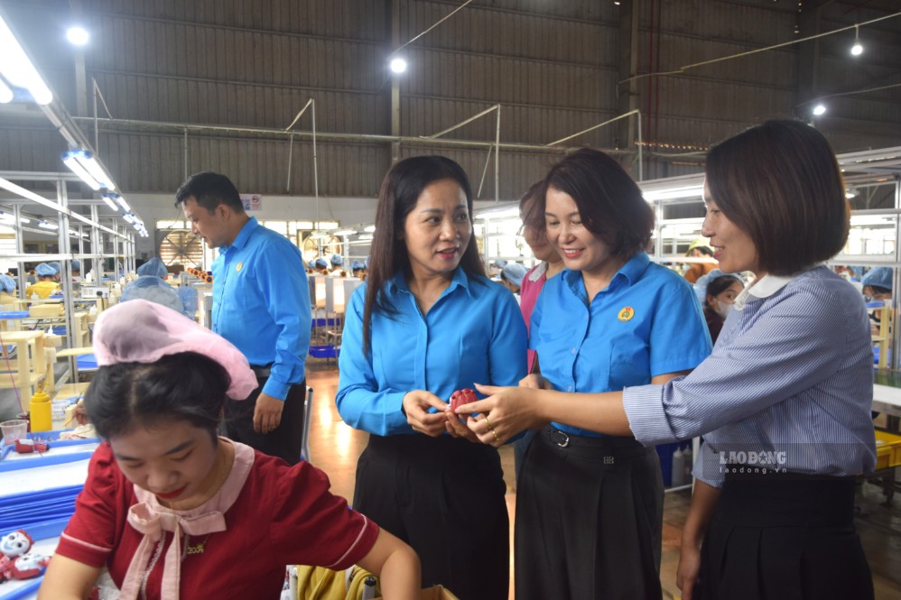 Lãnh đạo Liên đoàn Lao động tỉnh Sơn La tham quan, nắm bắt tâm tư, nguyện vọng của CĐCS, đoàn viên Công ty TNHH Đồ chơi Sơn La. Ảnh: Trường Sơn (chụp tháng 6.2026)