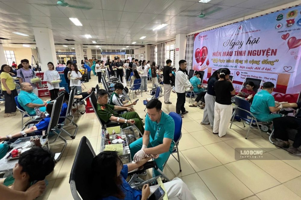 Đông đảo cán bộ, công chức, viên chức, lực lượng vũ trang, sinh viên và nhân dân tham gia hiến máu. Ảnh: Tiến Lương
