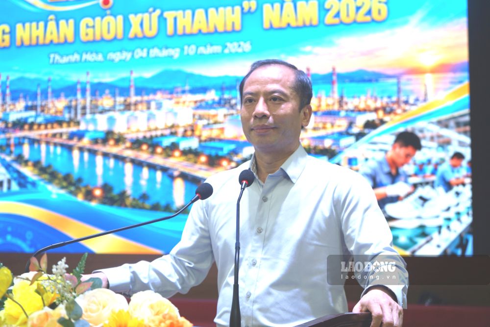 Ông Lương Trọng Thành - Chủ tịch LĐLĐ tỉnh Thanh Hóa phát biểu tại hội thi. Ảnh: Quách Du (chụp ngày 4.10.2026)