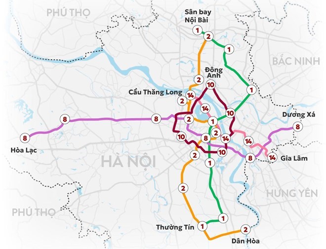 Vị trí 5 tuyến đường sắt đô thị vừa được Hà Nội đồng loạt khởi công. Đồ họa: Phương Anh