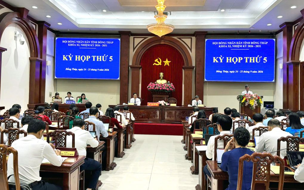Quang cảnh kỳ họp thứ 5 của HĐND tỉnh Đồng Tháp khóa XI, nhiệm kỳ 2026-2031. Ảnh: Trần Tài