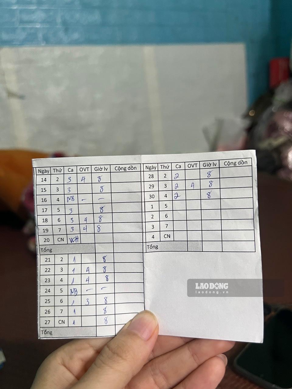 Bảng chấm công của chị Mừng. 