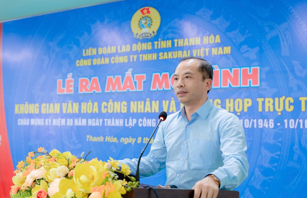 Ông Lương Trọng Thành - Chủ tịch Liên đoàn Lao động tỉnh Thanh Hóa phát biểu tại buổi lễ. Ảnh: Công đoàn công ty cung cấp (ảnh chụp ngày 8.10.2026)