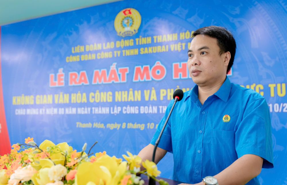Ông Nguyễn Hữu Quang - Chủ tịch Công đoàn Công ty TNHH Sakurai Việt Nam phát biểu tại lễ ra mắt mô hình “Không gian văn hóa công nhân”. Ảnh: Công đoàn công ty cung cấp (ảnh chụp ngày 8.10.2026)