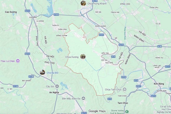 My Dinh - Ba Sao - Bai Dinh road project (the section connecting from the southern main road to Huong Son - Tam Chuc road) has its ending point in Huong Son commune (Hanoi). Photo: Google Maps