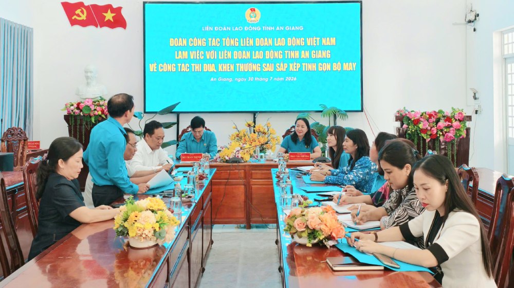 Đoàn khảo sát làm việc với LĐLĐ tỉnh An Giang. Ảnh: Minh Mẫn/ LĐLĐ An Giang
