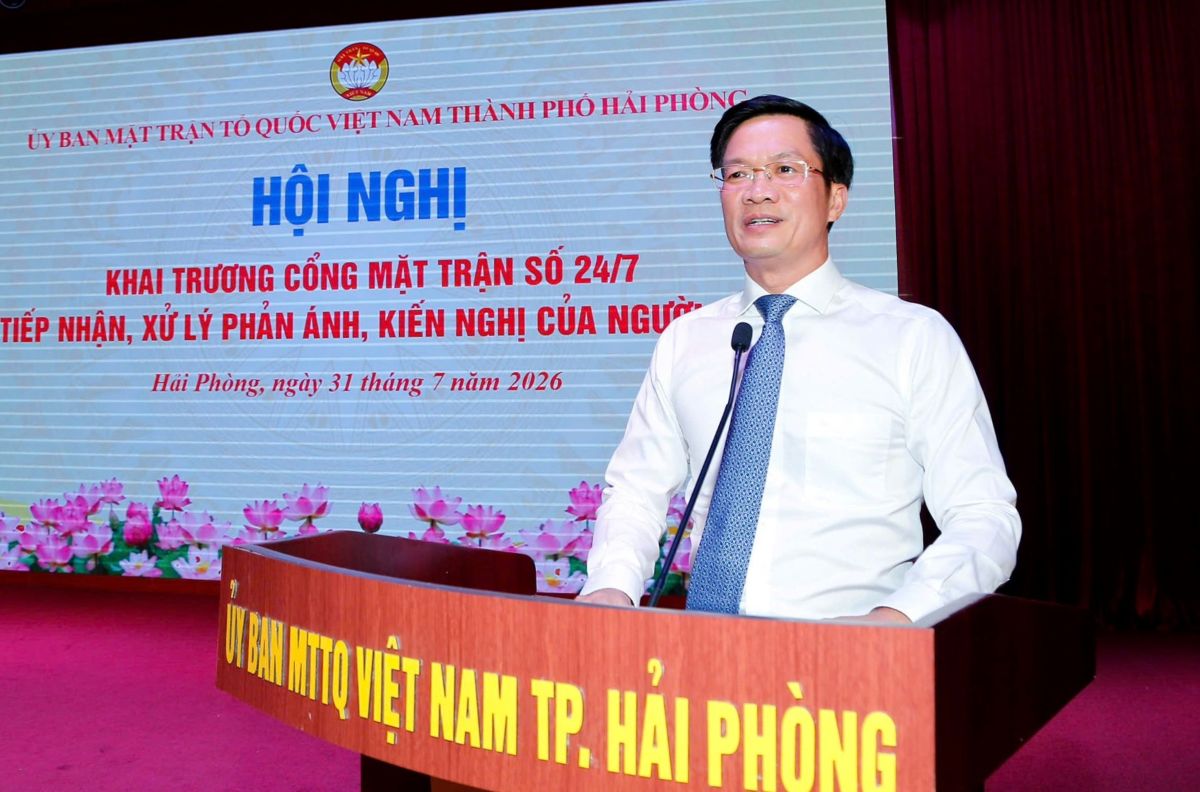 Ông Phạm Văn Lập - Phó Bí thư Thành ủy, Chủ tịch Ủy ban MTTQ Việt Nam thành phố phát biểu tại hội nghị. Ảnh: Ủy ban MTTQ Việt Nam TP Hải Phòng