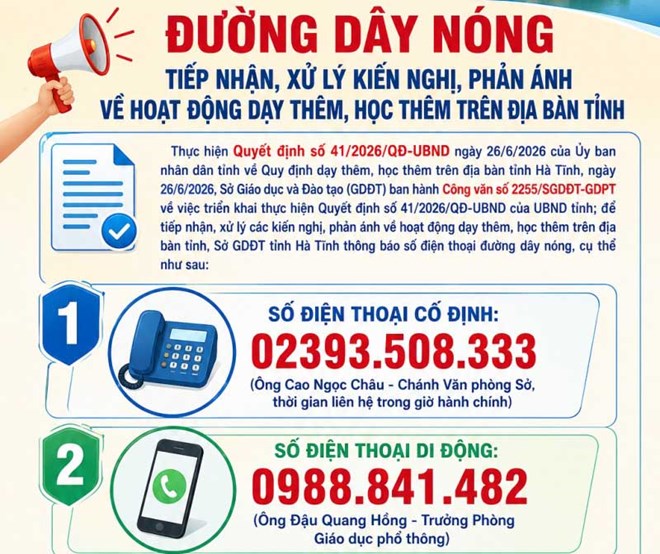 Hà Tĩnh công bố đường dây nóng để phản ánh về việc dạy thêm, học thêm