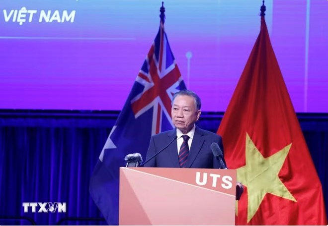 Tổng Bí thư, Chủ tịch nước Tô Lâm phát biểu tại Diễn đàn khoa học công nghệ, đổi mới sáng tạo, đầu tư, giáo dục đào tạo và phát triển nguồn nhân lực Việt Nam - Australia. Ảnh: TTXVN