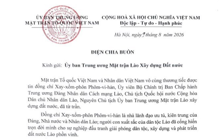 Chủ tịch Bùi Thị Minh Hoài gửi điện chia buồn tới Ủy ban Trung ương Mặt trận Lào Xây dựng đất nước