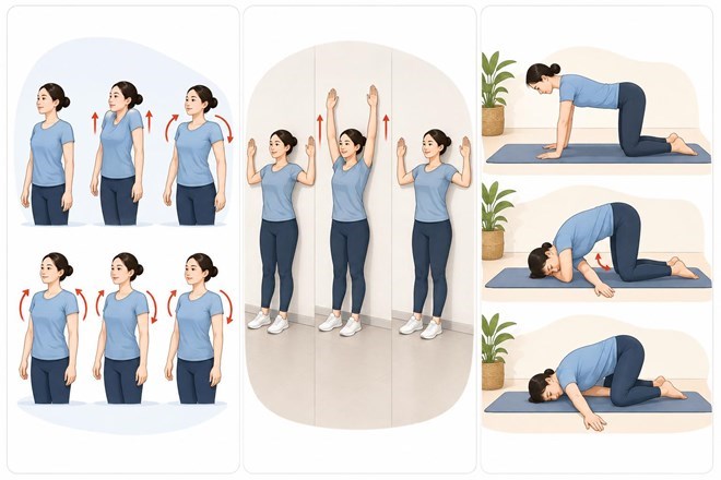 3 bài tập giúp tăng độ linh hoạt và giảm căng cứng vùng vai. Ảnh tạo từ AI