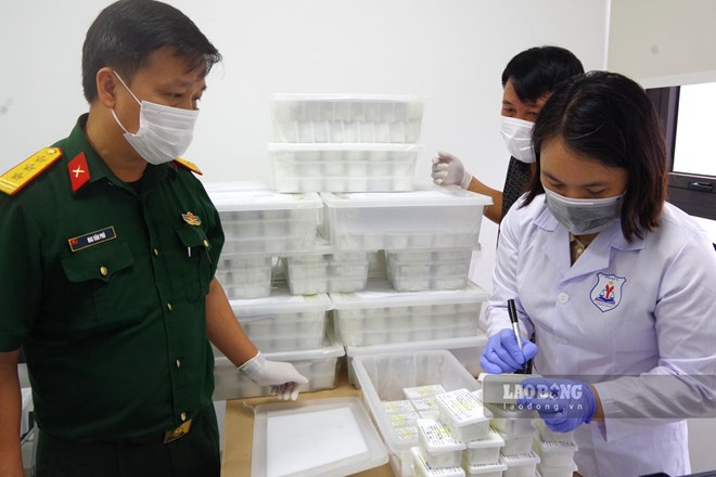 Lực lượng chức năng thu thập, bảo quản các mẫu phẩm. Ảnh: An Vi