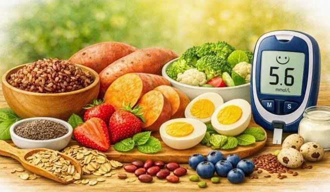 Thực phẩm thay cơm giúp kiểm soát đường huyết và duy trì sức khỏe cho người tiểu đường. Đồ họa: AI