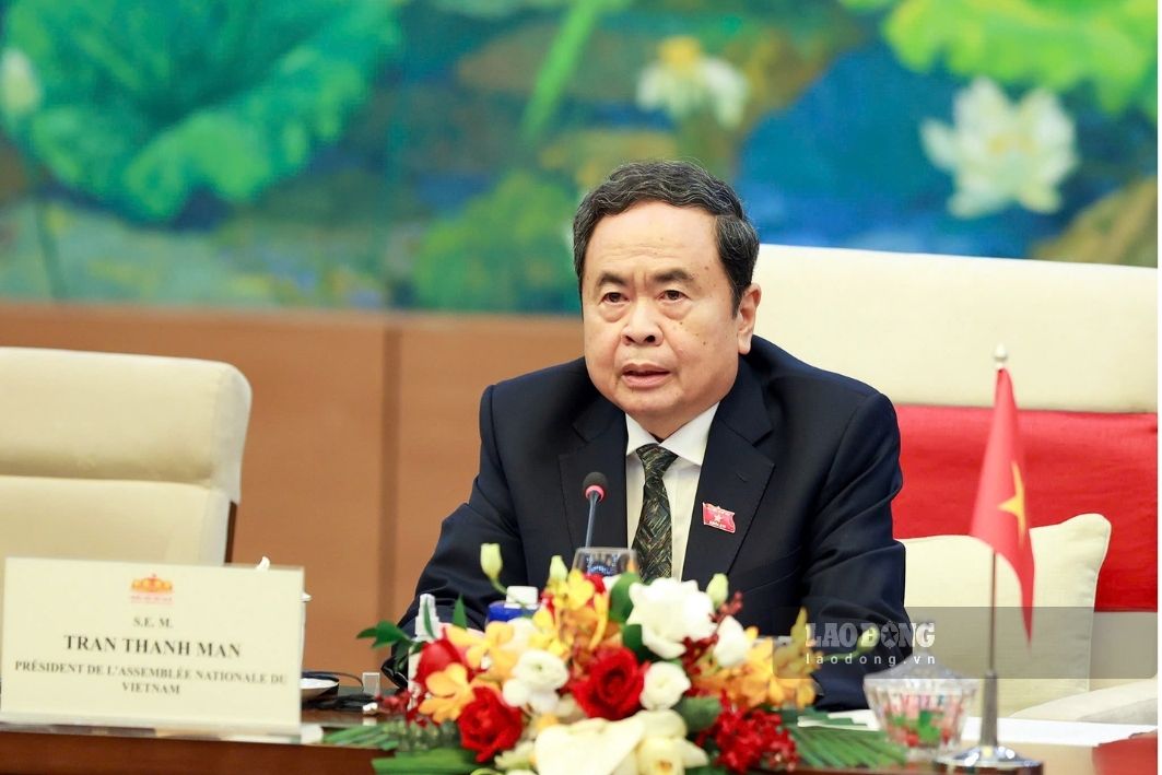 Ủy viên Bộ Chính trị, Chủ tịch Quốc hội Trần Thanh Mẫn phát biểu tại hội đàm. Ảnh: Hải Nguyễn