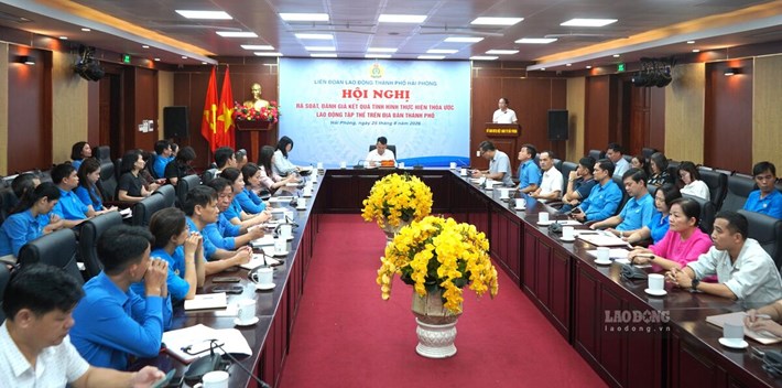 LĐLĐ TP Hải Phòng họp rà soát kết quả thực hiện thỏa ước lao động tập thể. Ảnh: Mai Dung
