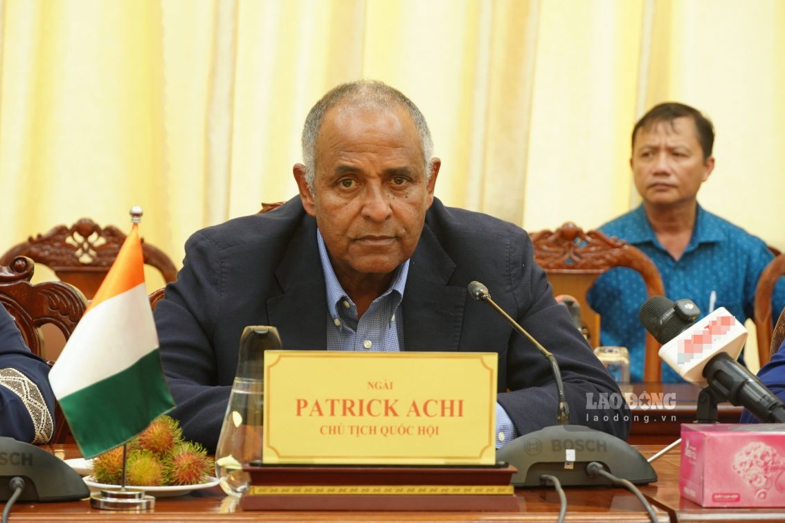 Chủ tịch Quốc hội Bờ Biển Ngà Patrick Achi phát biểu tại buổi thăm và làm việc. Ảnh: Tạ Quang