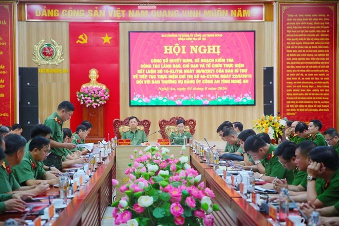 Toàn cảnh Hội nghị công bố Quyết định, Kế hoạch kiểm tra đối với Ban thường vụ Đảng ủy Công an tỉnh Nghệ An. Ảnh: Công an Nghệ An