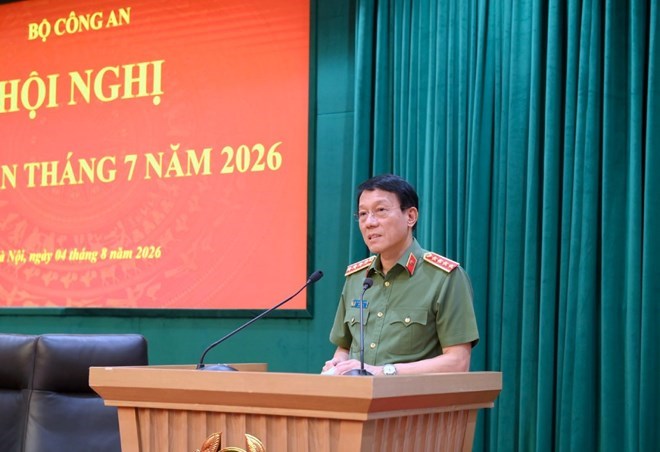 Đại tướng Lương Tam Quang, Ủy viên Bộ Chính trị, Bí thư Đảng ủy Công an Trung ương, Bộ trưởng Bộ Công an phát biểu tại hội nghị. Ảnh: Bộ Công an
