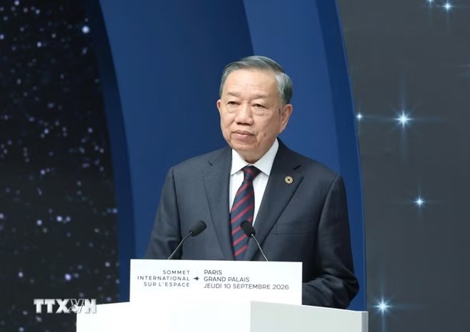 Tổng Bí thư, Chủ tịch nước Tô Lâm phát biểu tại Phiên chính thức Hội nghị Thượng đỉnh Không gian vũ trụ. Ảnh: Thống Nhất/TTXVN