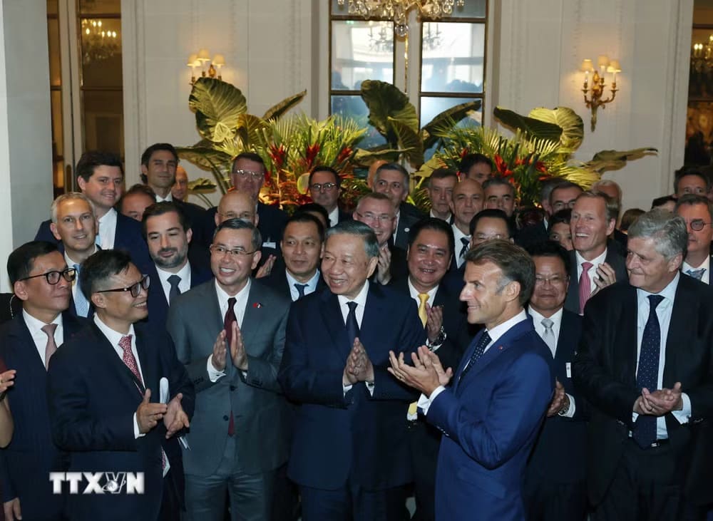 Tổng Bí thư, Chủ tịch nước Tô Lâm và Tổng thống Cộng hòa Pháp Emmanuel Macron gặp các đại biểu. Ảnh: Thống Nhất/TTXVN