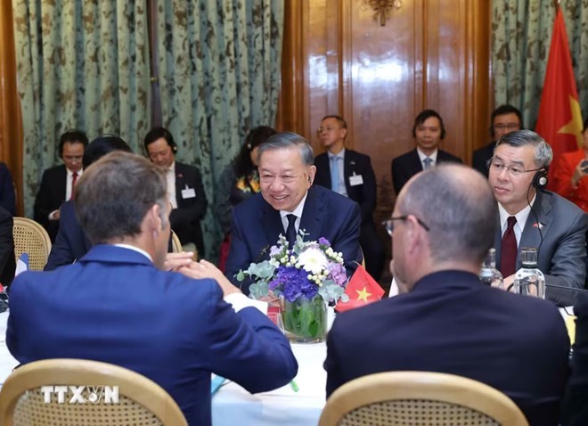 General Secretary and President To Lam and President of the French Republic Emmanuel Macron and delegates. Photo: Thong Nhat/VNA