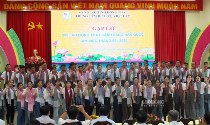Trung tâm Dịch vụ việc làm Đồng Tháp làm lễ đưa lao động sang Hàn Quốc làm việc. Ảnh: Thanh Mai (Ảnh chụp tháng 5.2026)