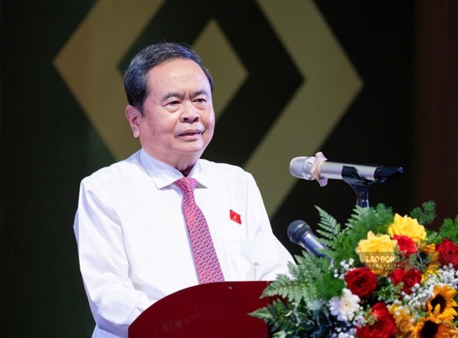 Mr. Tran Thanh Man - Member of the Politburo, Chairman of the National Assembly delivers a directive speech at the national collaborator conference of the People's Deputies Newspaper in 2026. Photo: Phuong Linh