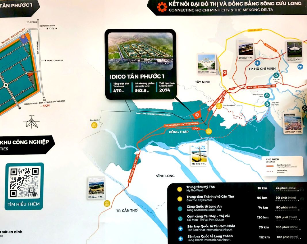Thông tin kết nối Khu công nghiệp Tân Phước 1 với các vùng trọng điểm. Ảnh: Dongthap.gov.vn