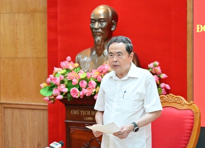 Ủy viên Bộ Chính trị, Chủ tịch Quốc hội Trần Thanh Mẫn - Trưởng Đoàn kiểm tra, giám sát số 220 của Bộ Chính trị phát biểu tại Hội nghị. Ảnh: Cổng TTĐT Đảng Cộng sản Việt Nam.
