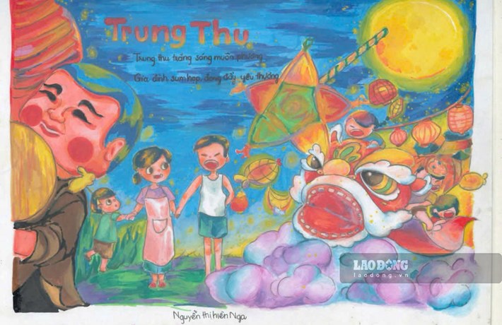 Ấm áp Trung thu qua nét vẽ của con đoàn viên (tác phẩm đạt giải Nhất). Ảnh: Ngô Hòa