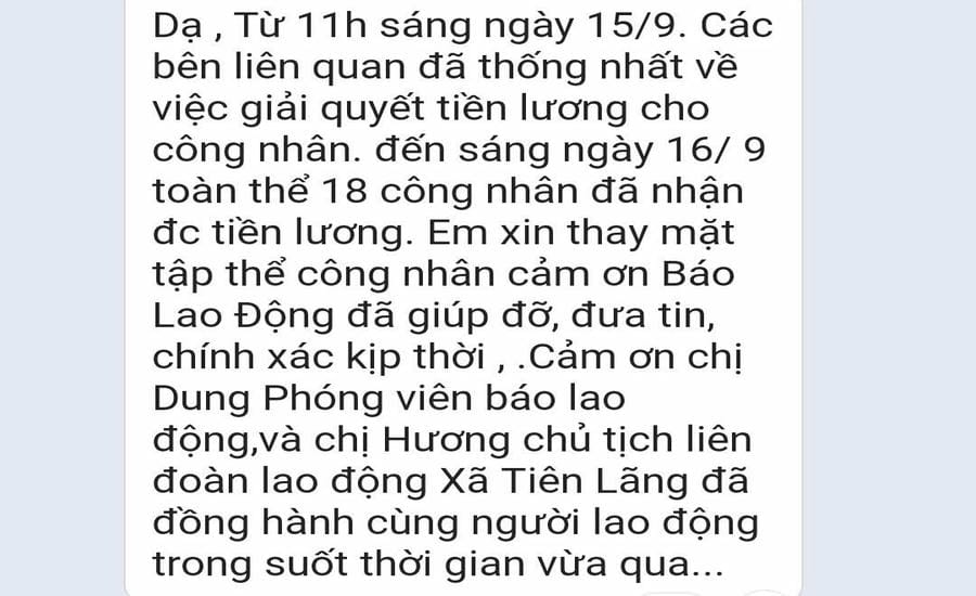 Hàng chục công nhân ở Hải Phòng được trả lương sau phản ánh của Báo Lao Động