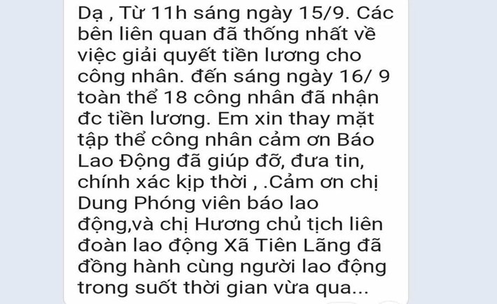 Người lao động gửi lời cảm ơn Báo Lao Động. Ảnh chụp màn hình
