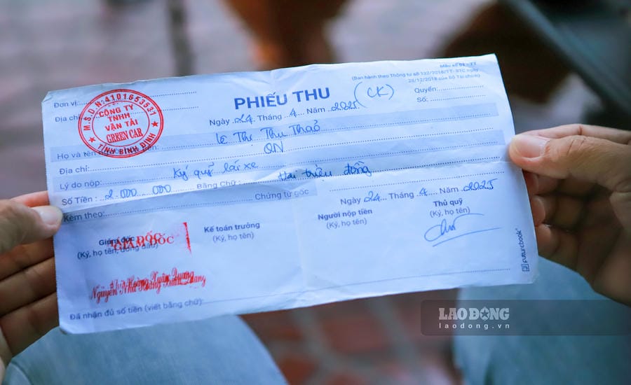 Phiếu thu tiền ký quỹ 2 triệu đồng đối với tài xế Lê Thị Thu Thảo.