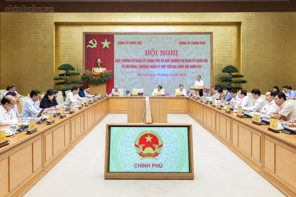 Hội nghị Ban Thường vụ Đảng ủy Quốc hội với Ban Thường vụ Đảng ủy Chính phủ về nội dung, chương trình Kỳ họp thứ 2. Ảnh: Chinhphu.vn