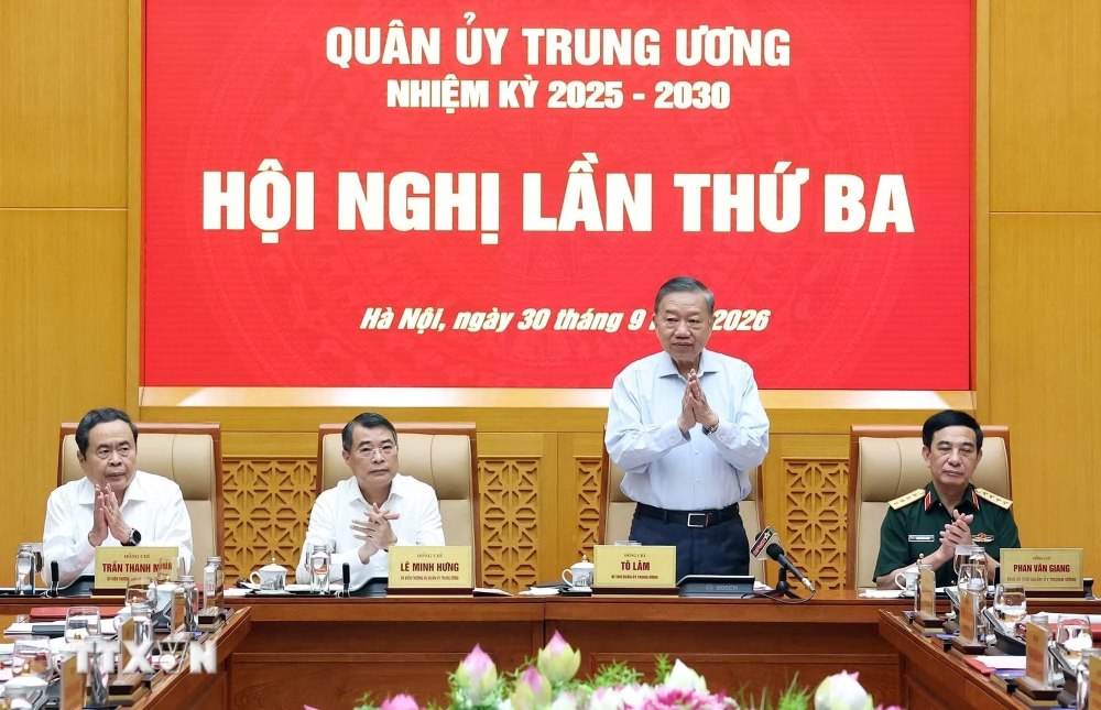 Tổng Bí thư, Chủ tịch nước Tô Lâm, Bí thư Quân ủy Trung ương chủ trì Hội nghị Quân ủy Trung ương lần thứ Ba. Ảnh: TTXVN