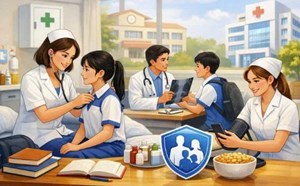 Khi BHYT trở thành điểm tựa vững chắc bảo vệ sức khỏe và tài chính cho học sinh, sinh viên. Đồ họa: AI