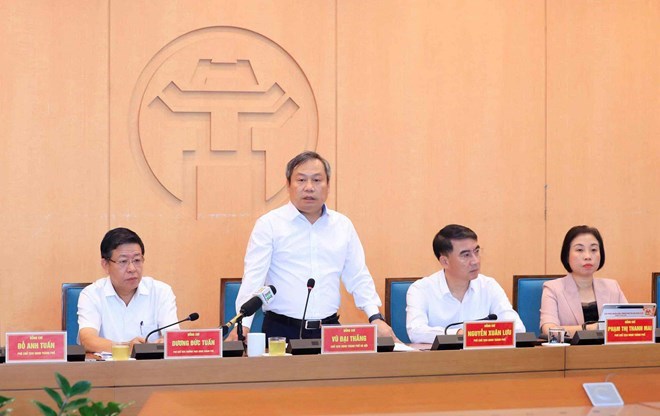 Chủ tịch UBND TP Hà Nội Vũ Đại Thắng phát biểu tại cuộc họp. Ảnh: Phạm Linh