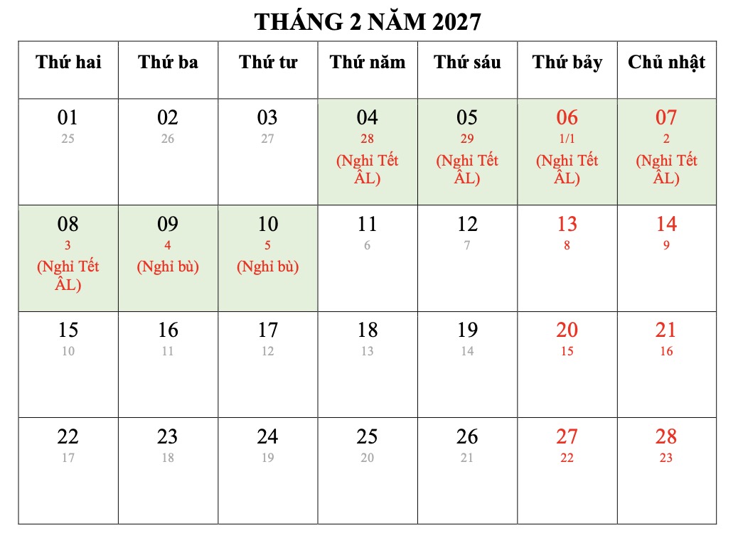 Phương án 1 nghỉ Tết Nguyên đán 2027. Ảnh: Bộ Nội vụ